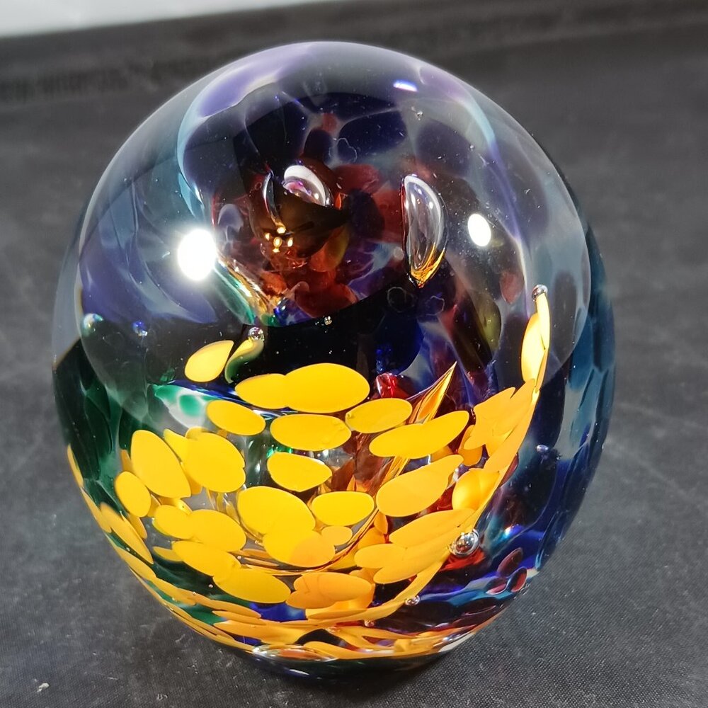 Art Glass Confetti Paperweight Artist Signed "KARG" Handblown Iridescent